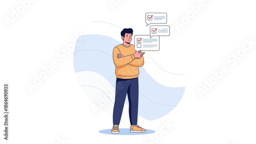 Young man checking off multiple tasks on his mobile device with a confident expression