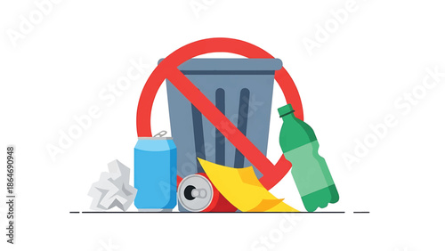A vector illustration depicts a refuse container with a red "no" symbol across it. Various items of waste are strewn around