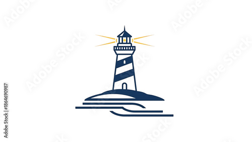 A vector illustration depicts a lighthouse on an island with blue and white stripes. Light beams from it. A minimalist design
