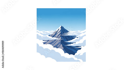 A vector illustration depicts a mountain peak rising above cloud formations under a textured blue sky. The image utilizes a minimalist design