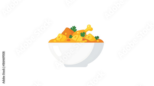 A vibrant, flat-style illustration depicting a bowl brimming with a curry-like dish, featuring a chicken drumstick. Garnishes of green parsley enhance the presentation