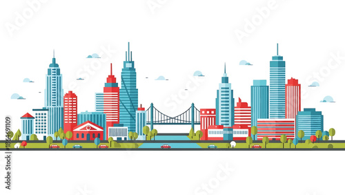 A vibrant, flat vector illustration showcasing a stylized city skyline with tall buildings, a bridge, trees, cars, and clouds. Buildings are red, blue, and gray