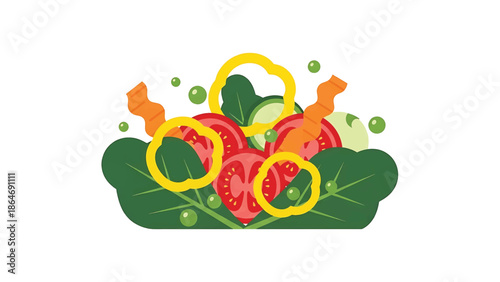 A vibrant, flat-style illustration depicting a healthy salad with sliced tomatoes, bell peppers, spinach, cucumbers, and carrots, plus peas