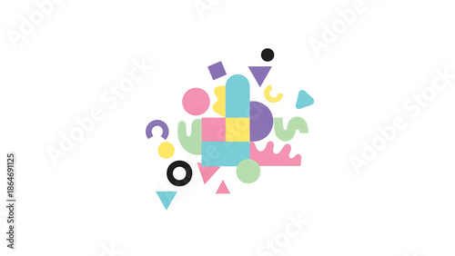 A vibrant abstract composition features a playful array of colorful geometric shapes, creating a visually dynamic and engaging arrangement