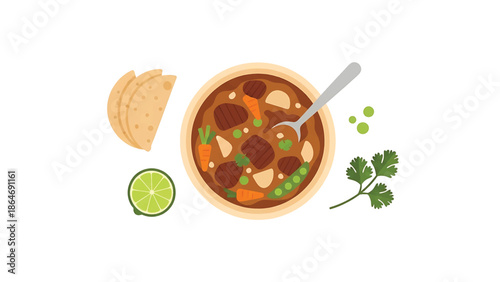 A vibrant, flat-style illustration showcases a bowl of stew, accompaniments of tortillas, lime, and cilantro. A spoon rests in the dish