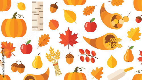 A vibrant, flat-style illustration with pumpkins, leaves, apples, pears, acorns, and other autumnal elements on a white background. It represents abundance