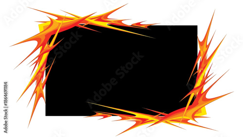 A vibrant design with a black rectangular center framed by stylized, jagged, flame-like shapes in shades of yellow, orange, and red