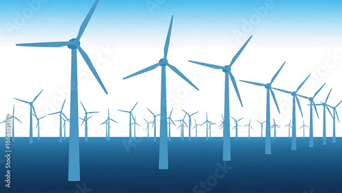 A vectorized illustration depicts a wind farm on the water. Wind turbines, in shades of blue, are positioned against a gradient background of sky
