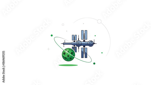 A vectorized illustration features a futuristic space station design. It orbits a green, textured planet, surrounded by floating geometric shapes