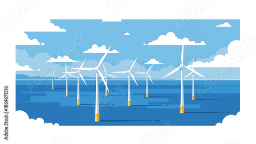 A vectorized illustration depicts wind turbines offshore. The scene showcases white turbines with the blades rotating in the sky amongst fluffy clouds