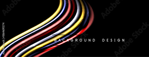Abstract dynamic lines create vibrant energy. Black background emphasizes colorful light streaks, modern design element.
