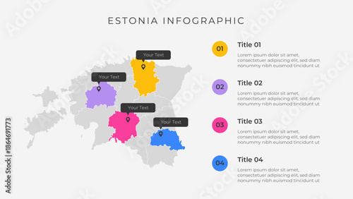 Estonia map infographic template with 4 options. Estonia political map infographic for presentation.