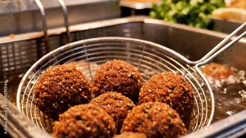 Middle Eastern falafel balls frying in oil