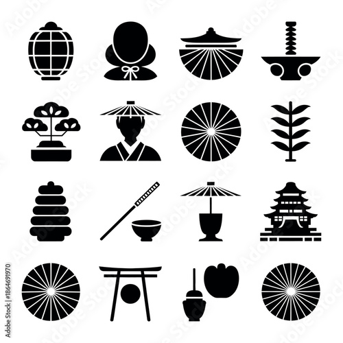 A collection of black and white Japanese cultural icons on a plain background