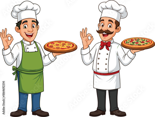 Pizza chef character vector set with smiling cooks holding fresh pizzas cartoon mascots for Italian restaurant branding