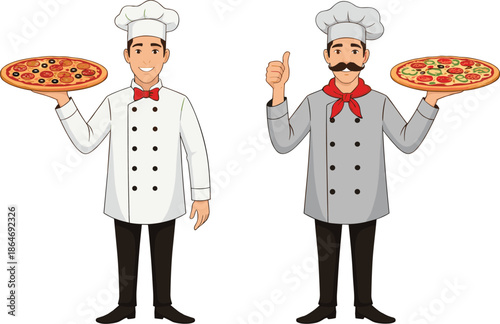 Pizza chef character vector set with professional cooks holding pizzas cartoon mascots for Italian restaurant branding