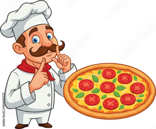 Funny pizza chef mascot vector illustration with mustache cook presenting fresh Italian pizza isolated on white background