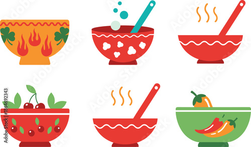 Colorful soup bowls vector set with hot food ladle steam and decorative kitchen dish illustrations isolated