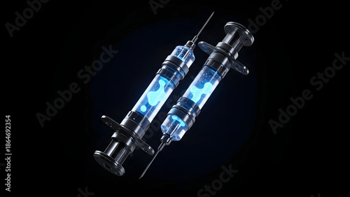 Two Slim Metallic Syringe with Glowing Blue Liquid Floating Inside Vials, Y2K Style Objects on Black Backdrop