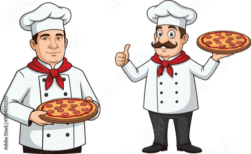 Pizza chef character vector set holding fresh pizza cartoon cook mascot for Italian restaurant and food branding