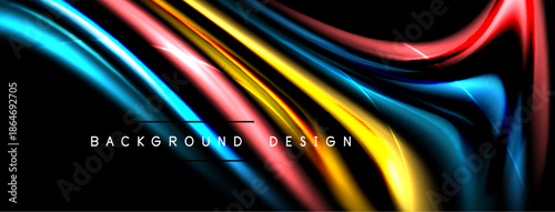 Abstract flowing ribbons, vibrant colors, dynamic waves. Dark background enhances luminosity, creating modern visual effect.