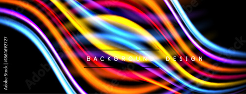 Vibrant abstract lines create dynamic energy. Colors blend, forming flowing shapes against dark background. Modern design element.