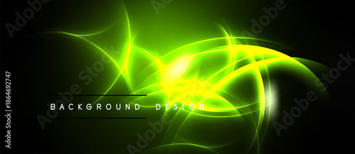 Bright green energy flows, abstract lines create dynamic visual effect. Dark background emphasizes luminous swirls, modern design element.