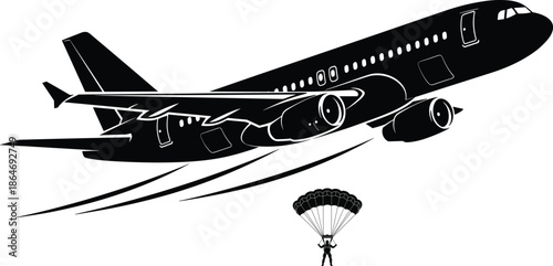 Airplane and skydiver silhouette illustration featuring passenger jet in flight with parachutist below, isolated on white background for aviation, travel, and adventure design concepts