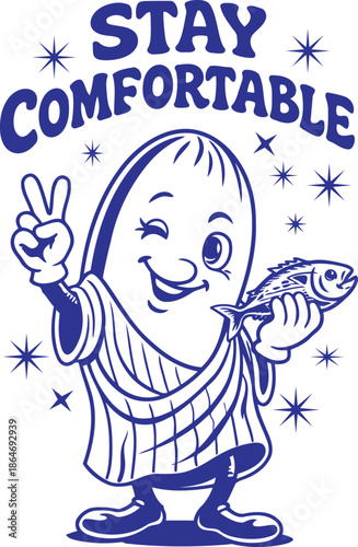 A charming retro cartoon character winking with a peace sign, holding a fish, and promoting comfort