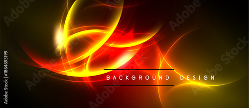 Abstract energy flow. Bright orange, red glows dominate dark background. Dynamic curves create visual impact, modern design element.