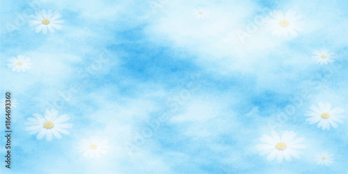 Abstract blue background with beautiful flowers under a bright sunny sky featuring white clouds and summer sunlight for a serene nature atmosphere