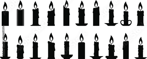 Candle silhouette illustration collection featuring burning candles with flames in various shapes, isolated on white background for holiday, memorial, spiritual, and decorative design concepts