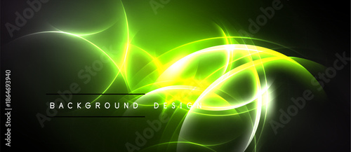 Bright neon lines swirl, creating abstract energy flow. Dark background emphasizes vibrant green illumination. Modern design element.