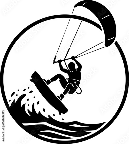 Silhouette of Kitesurfer Doing Trick on Wave Water Sports Icon