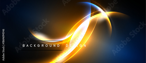 Abstract design features vibrant orange, blue curves. Dark background enhances luminosity, creating dynamic visual effect. Modern, sleek presentation.