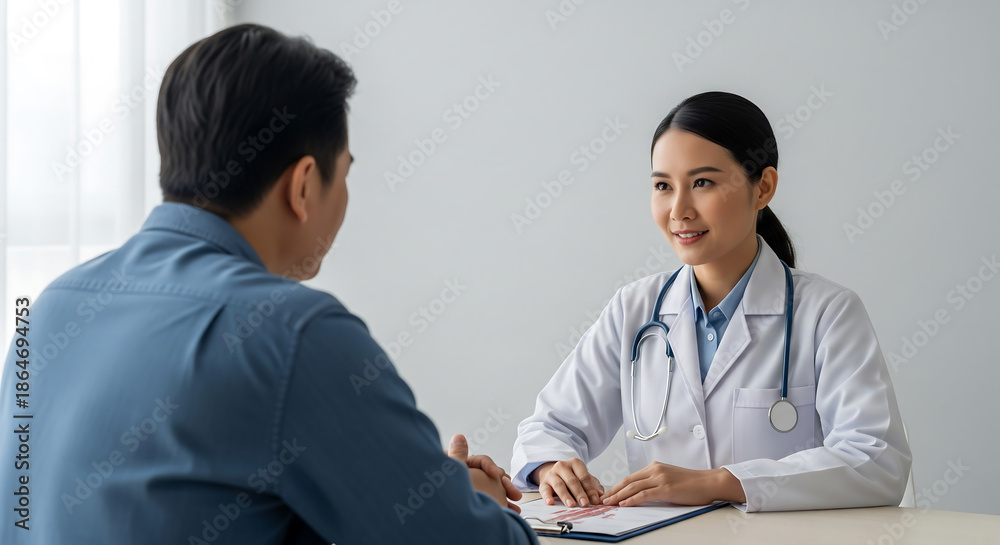 Fototapeta premium Female medical professional doctor in white coat consulting with a male patient in a bright clinic office best for medical advertising, pamphlet, news, corporation