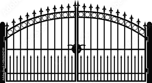 Decorative wrought iron gate silhouette illustration with ornate metal design and classic entrance style, isolated on white background for architecture, property, and security concepts