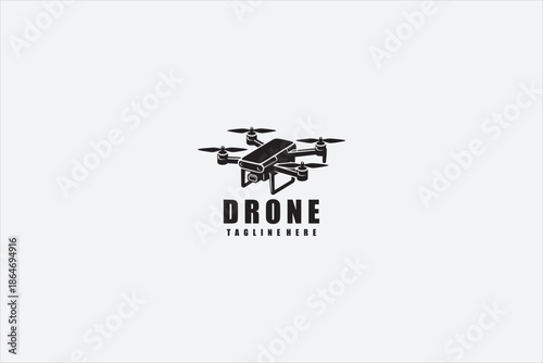 Minimal black drone logo design with quadcopter icon and clean typography, isolated on white background, suitable for technology, aerial photography, and modern branding concepts. Vector illustration.