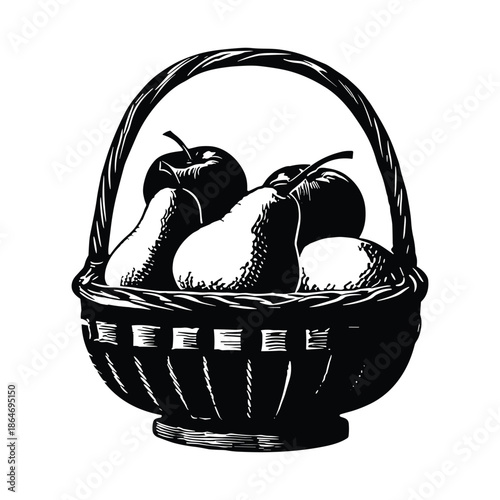 Basket with apples and pears black and white