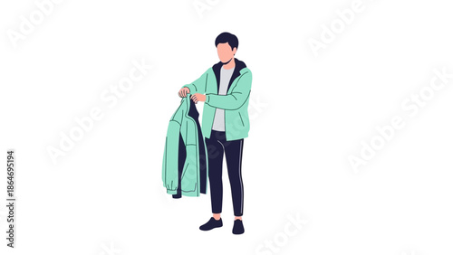 Young man holding a green jacket while standing casually in a modern, minimalist setting with a