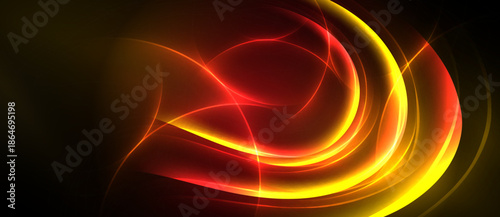 Abstract flowing lines, vibrant reds, yellows create dynamic energy. Dark background emphasizes bright curves, smooth gradients.