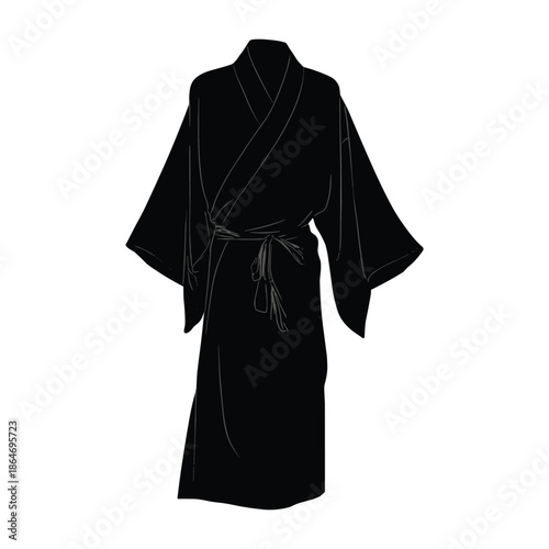 Black kimono robe with belt flat vector illustration