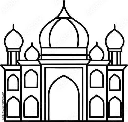 A minimalist line drawing depicts the iconic taj mahal showcasing its architectural grandeur and symmetrical design