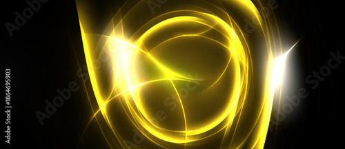 Bright yellow abstract swirls, lines, curves radiate from center. Dark background emphasizes luminous energy, dynamic composition.