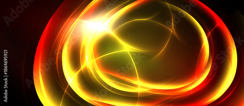 Bright abstract swirls, golden hues dominate. Red accents create dynamic energy, light radiates from center. Smooth gradients define shapes.