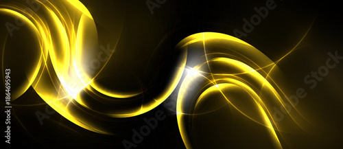 Golden swirls illuminate dark background. Bright light emanates from center, creating dynamic abstract design. Smooth curves suggest movement.
