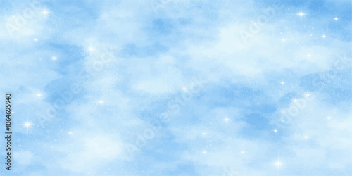 Abstract blue background and festive Christmas bokeh blend into a beautiful sunny sky with fluffy white clouds and clear summer sunlight for a stunning nature atmosphere