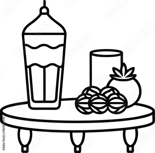 A simple black and white illustration depicting a tray with a tall glass small glass and fruit