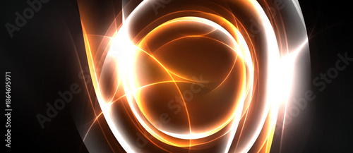 Abstract energy swirls, bright orange glows, white light radiates from center. Dark background emphasizes luminous forms.