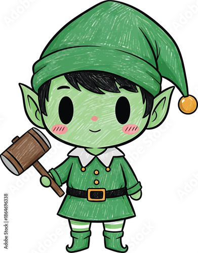 Cute cartoon illustration of a green elf holding a wooden hammer in festive attire